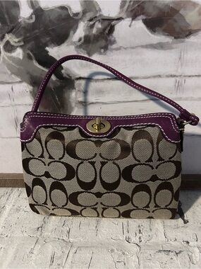 Coach Vintage Brown Signature Canvas Wristlet with Purple Trim